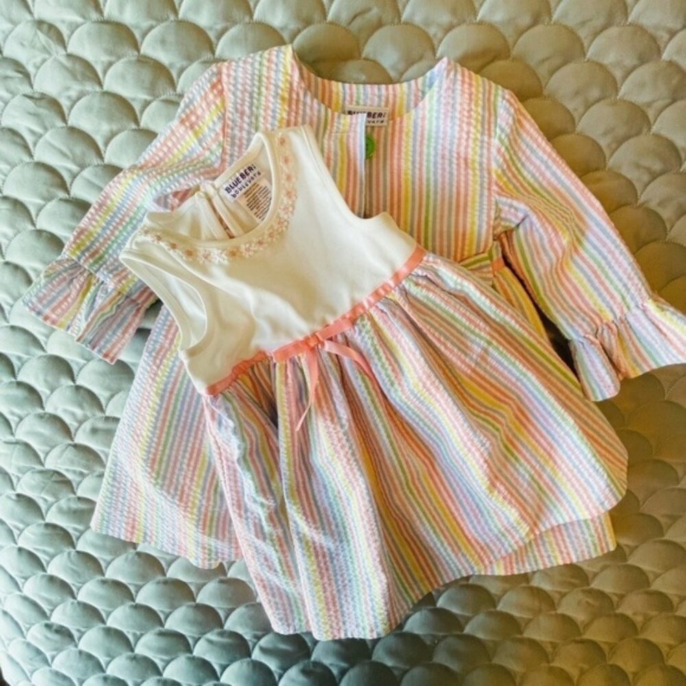 Beautiful BlueBeri Boulevard 2 piece jacket and dress set in pastel rainbow 2T
